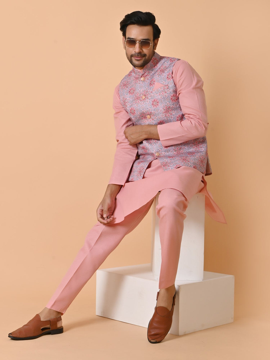 Geometric Pink Jacket Kurta Set