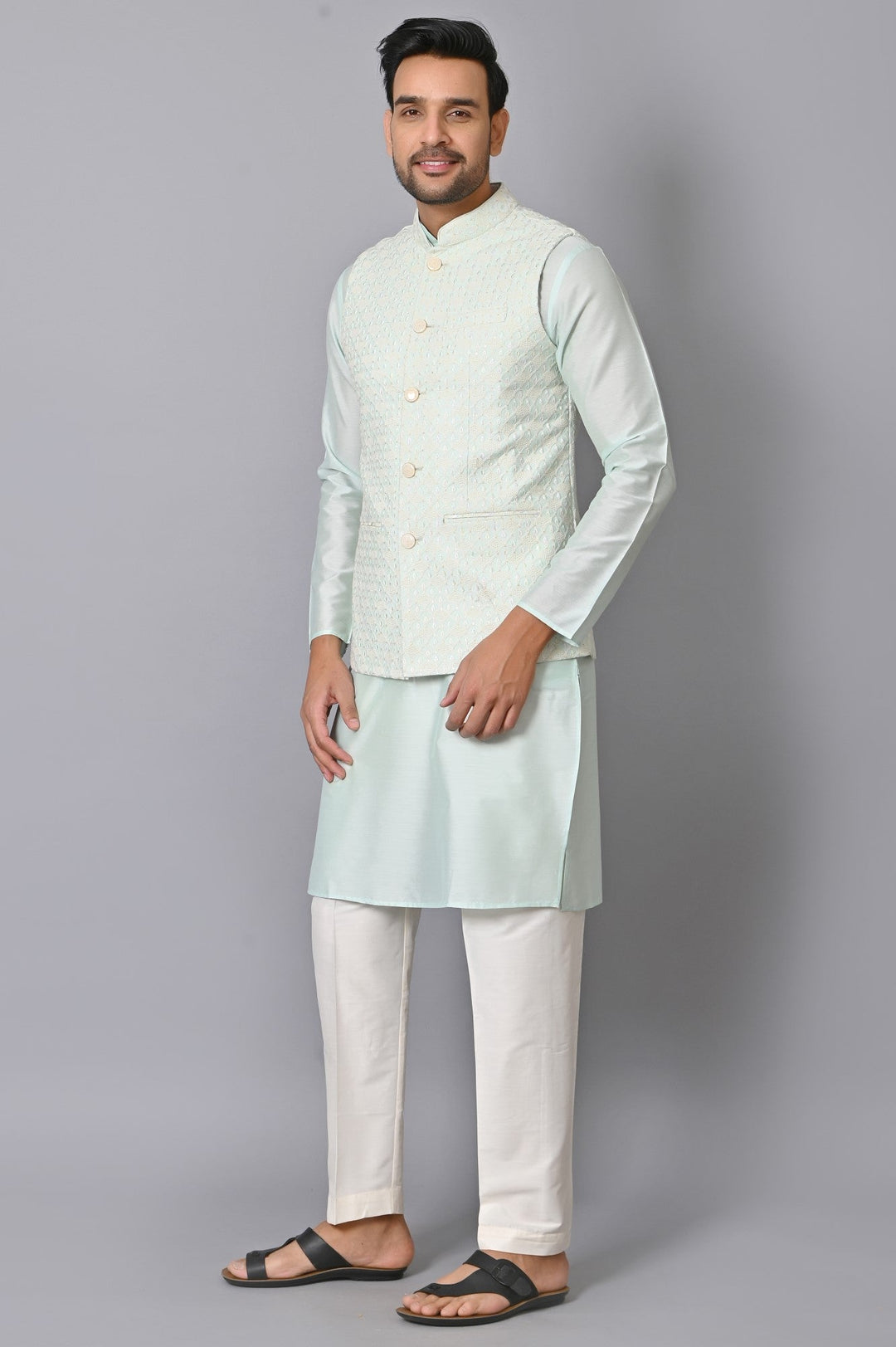 Ethnic Motifs Green Jacket Kurta Set