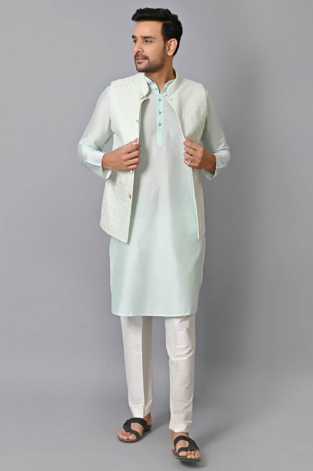 Ethnic Motifs Green Jacket Kurta Set