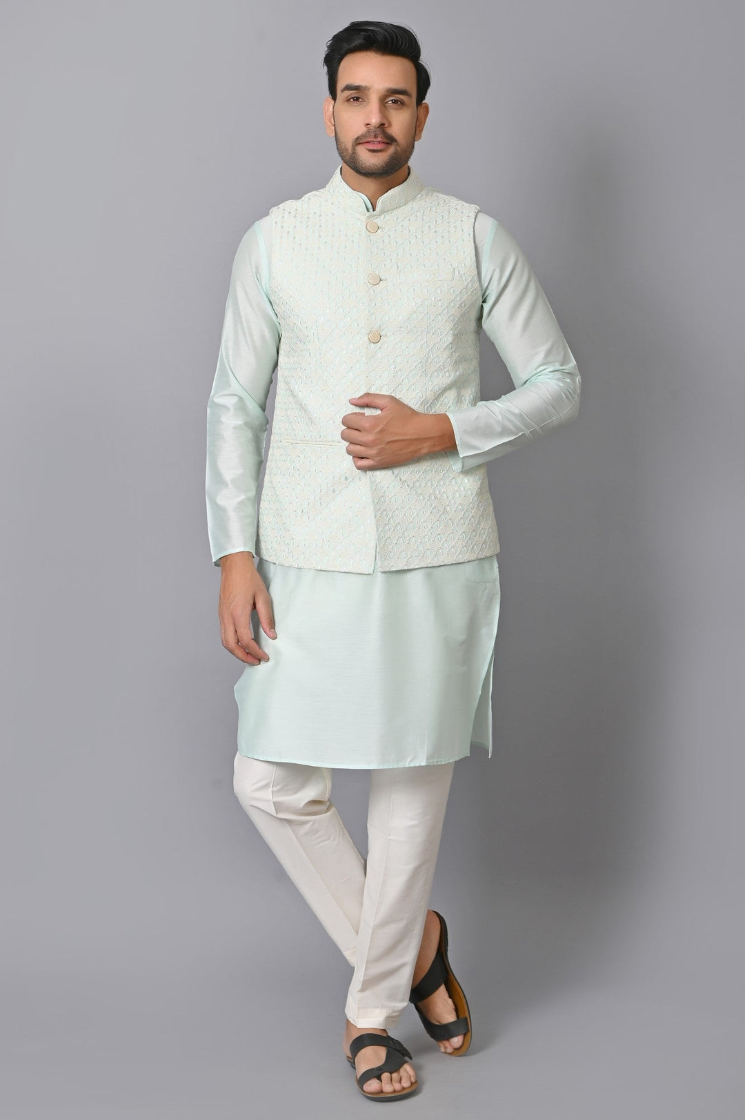 Ethnic Motifs Green Jacket Kurta Set