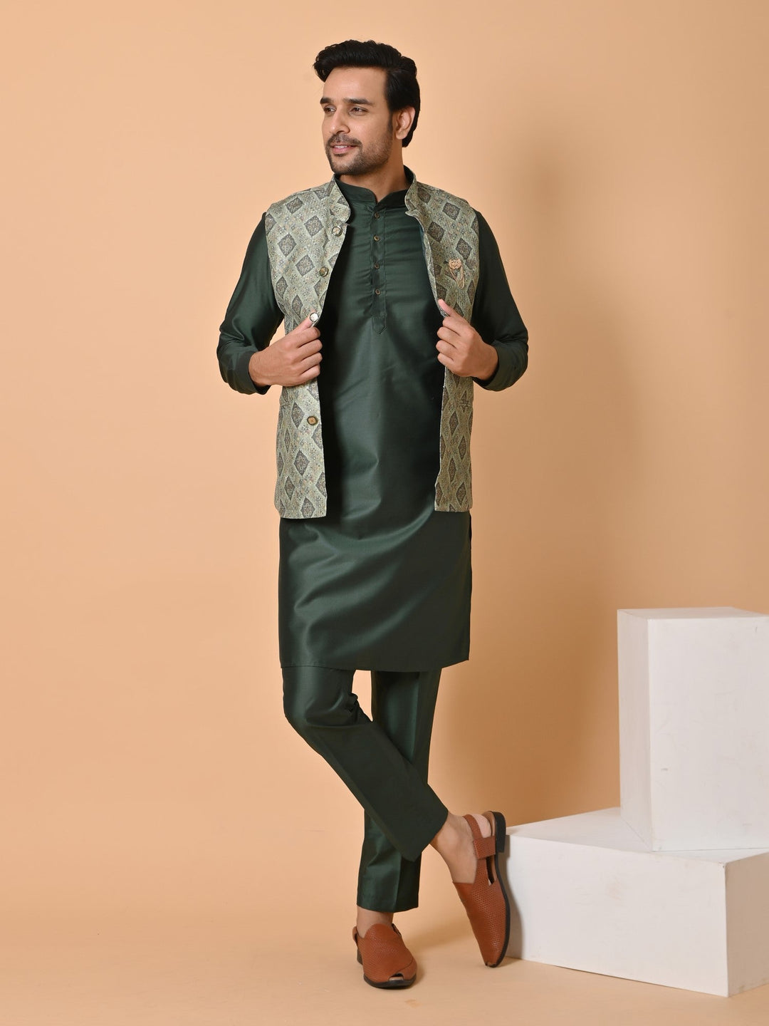 Geometric Green Jacket Kurta Set