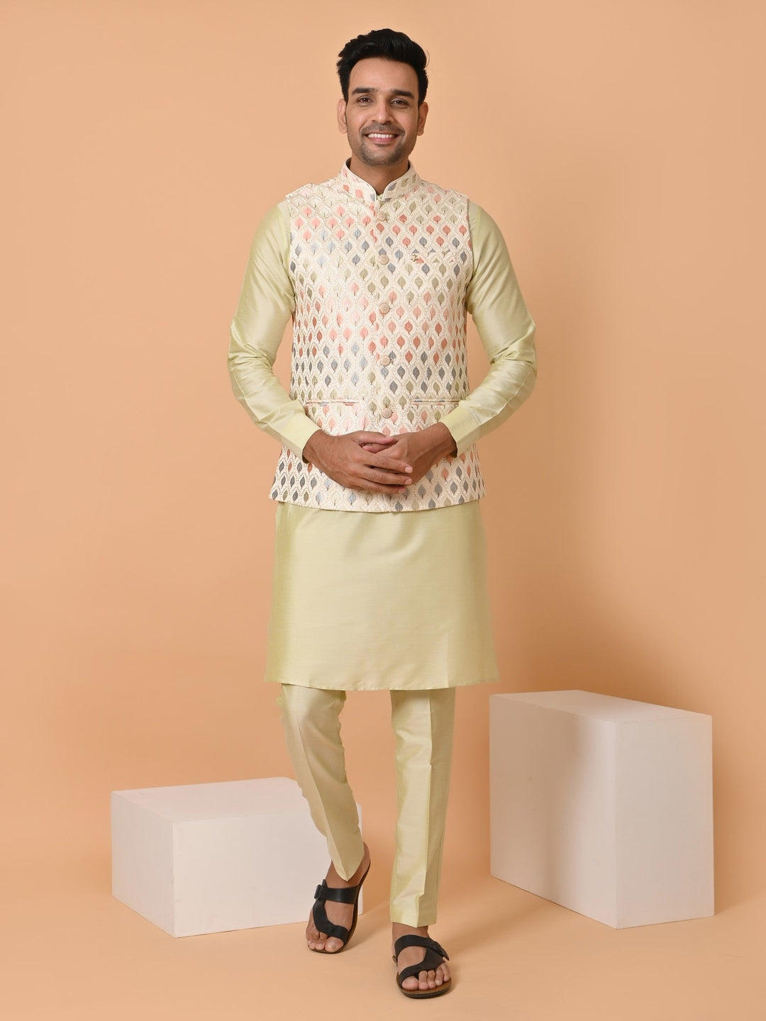 Geometric Cream Jacket Kurta Set