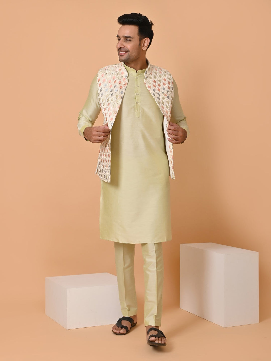 Geometric Cream Jacket Kurta Set