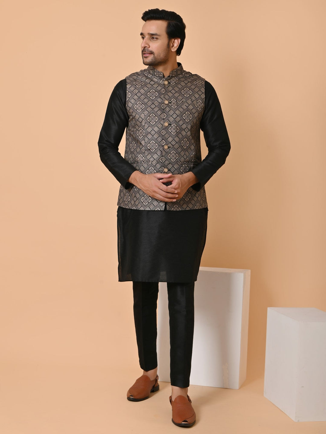 Geometric Black Jacket Kurta Set