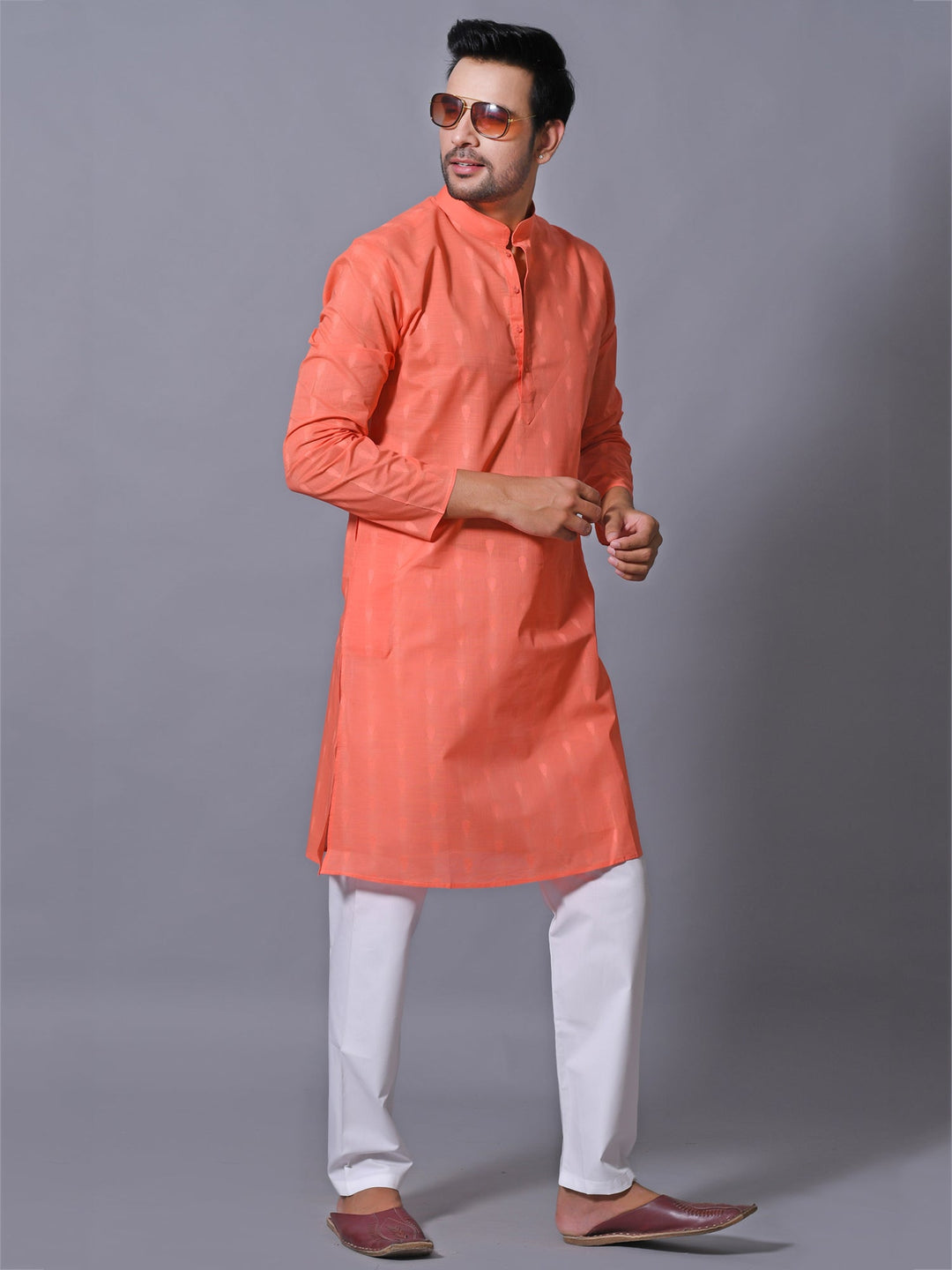 Woven Design Peach Kurta Set
