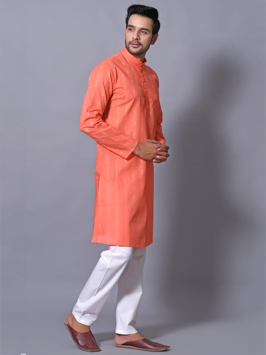 Woven Design Peach Kurta Set