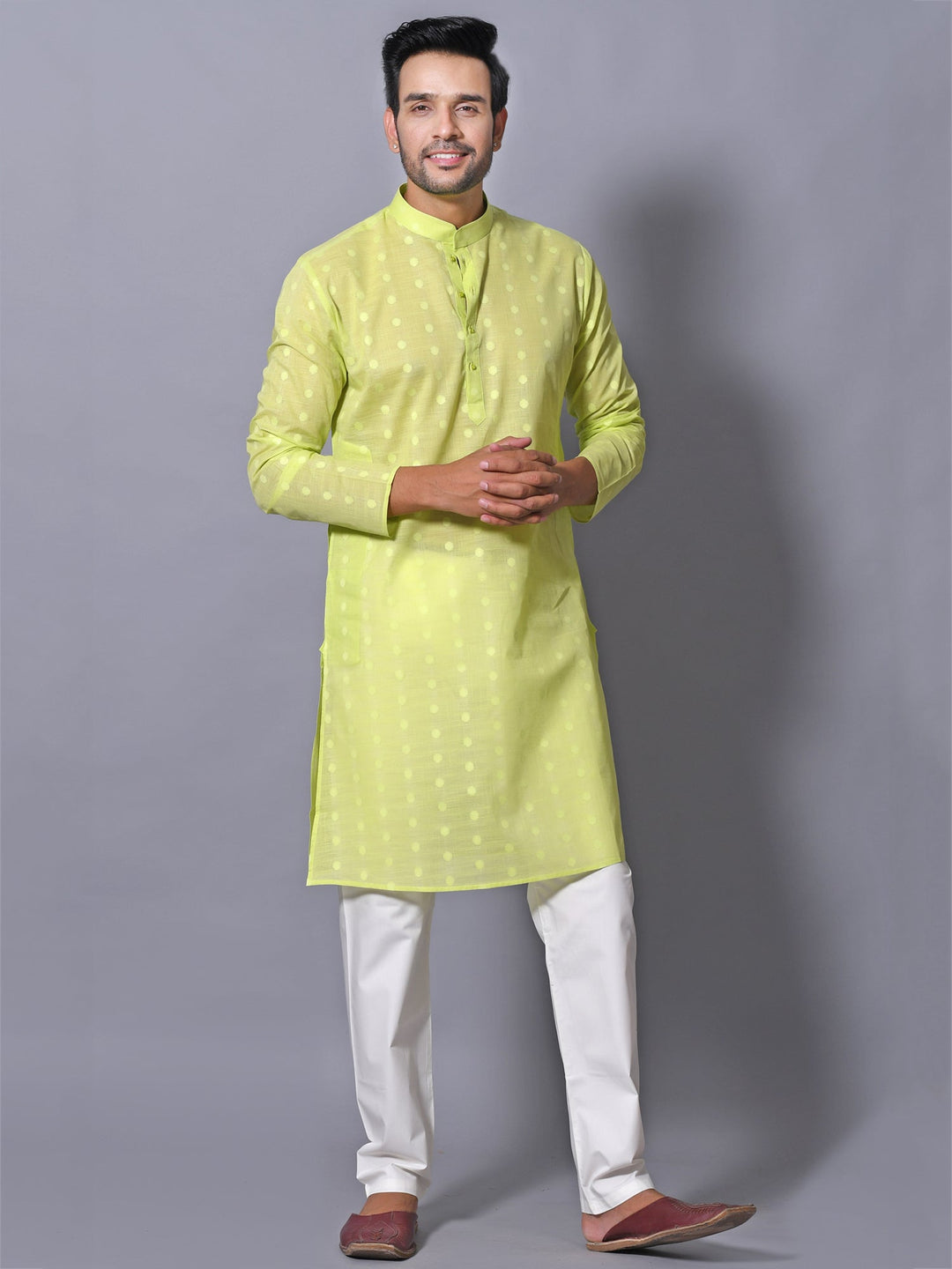 Woven Design Lime Green Kurta Set