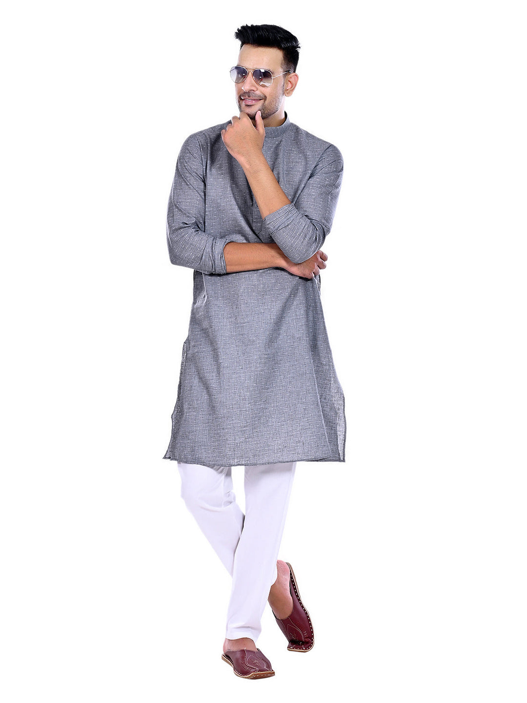Textured Grey Melange Kurta Set