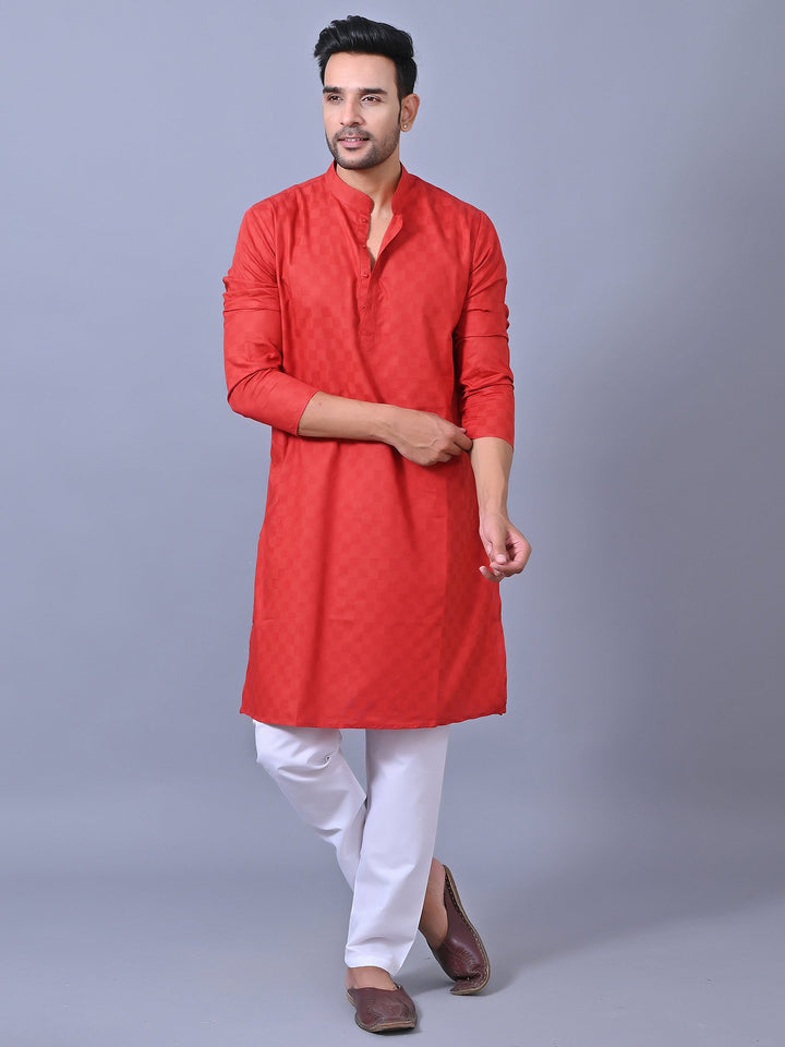 Woven Design Red Kurta Set