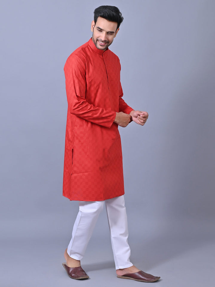 Woven Design Red Kurta Set