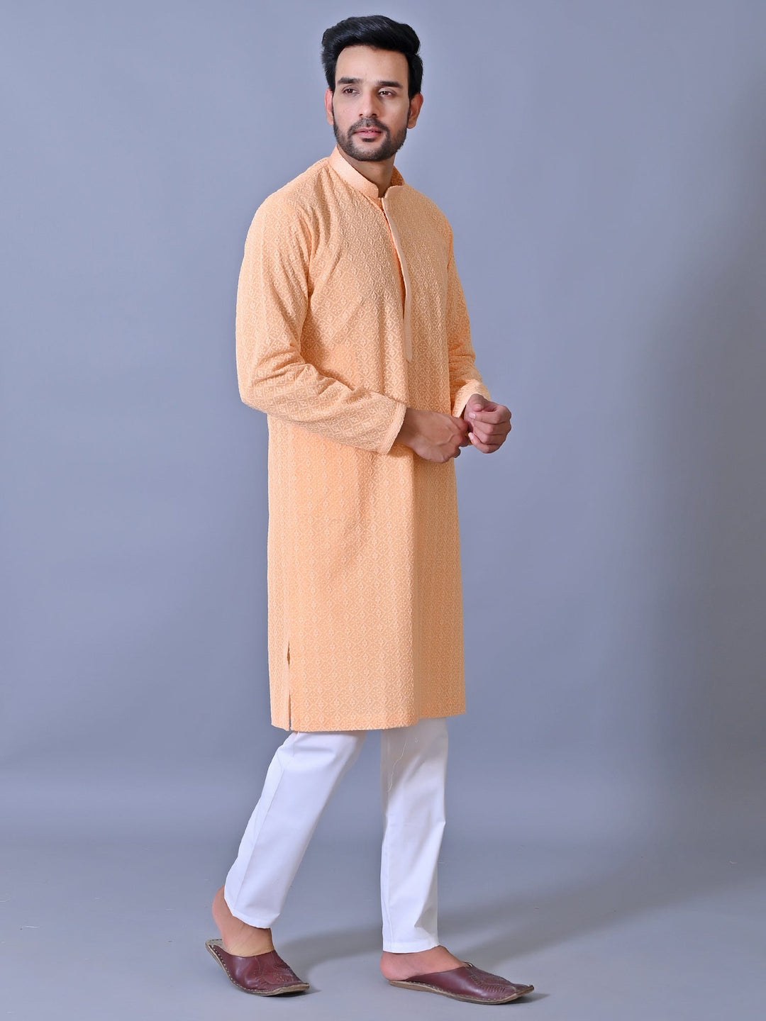 Chikan Orange Kurta Set