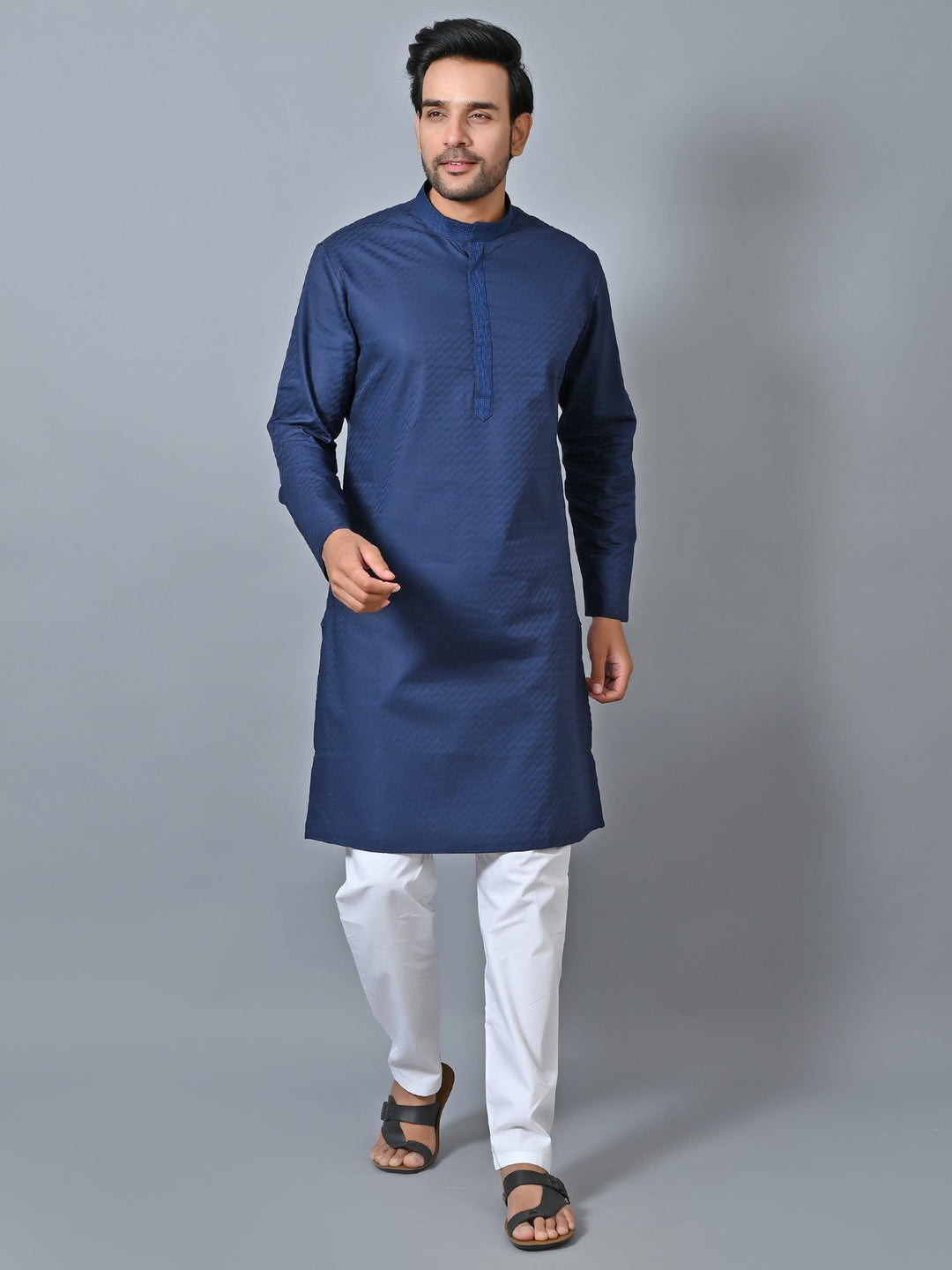 Self Design Navy Blue Kurta Set