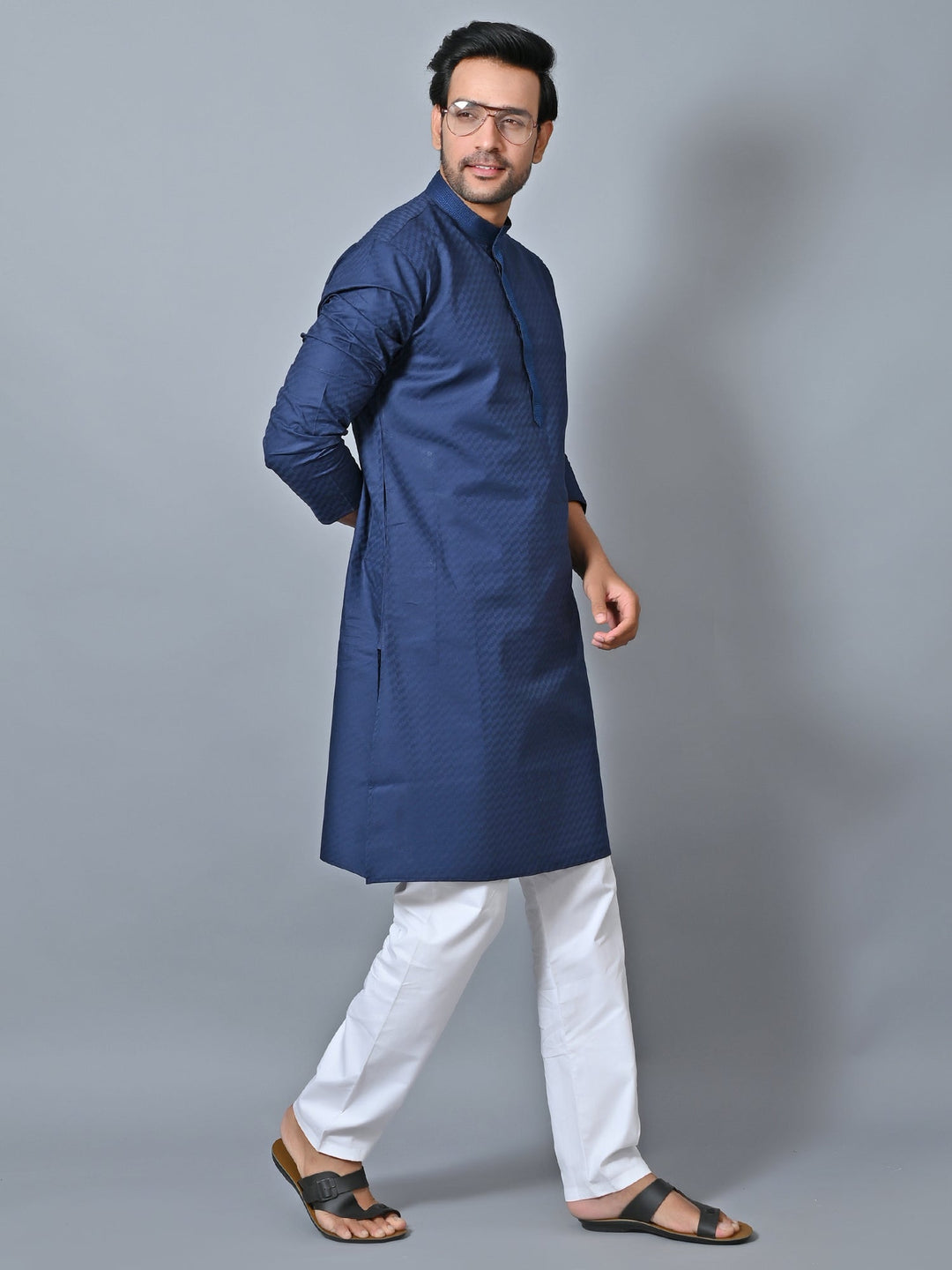 Self Design Navy Blue Kurta Set