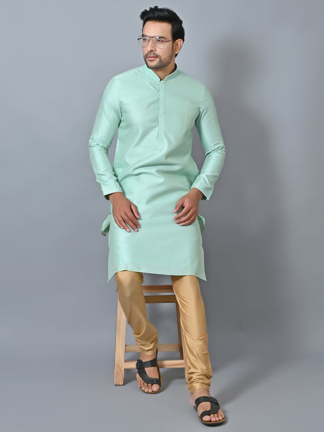 Self Design Green Kurta Set