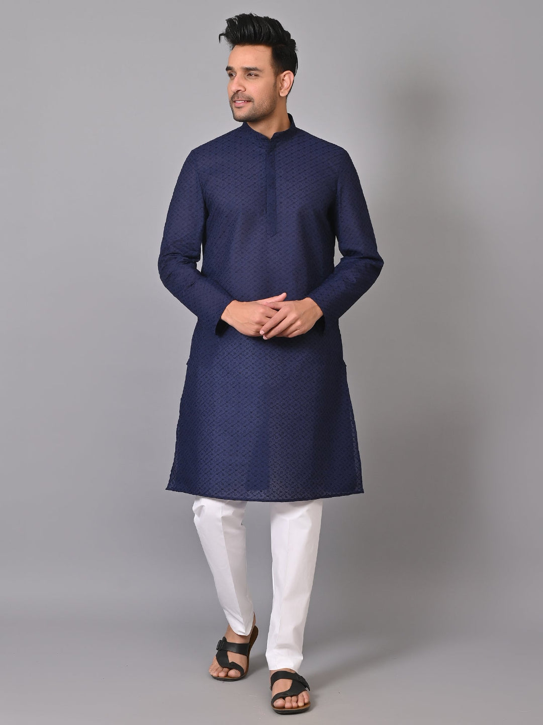 Chikan Navy Blue Kurta Set