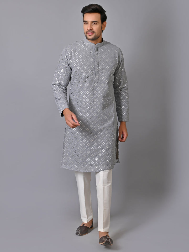 Woven Design Grey Kurta Set