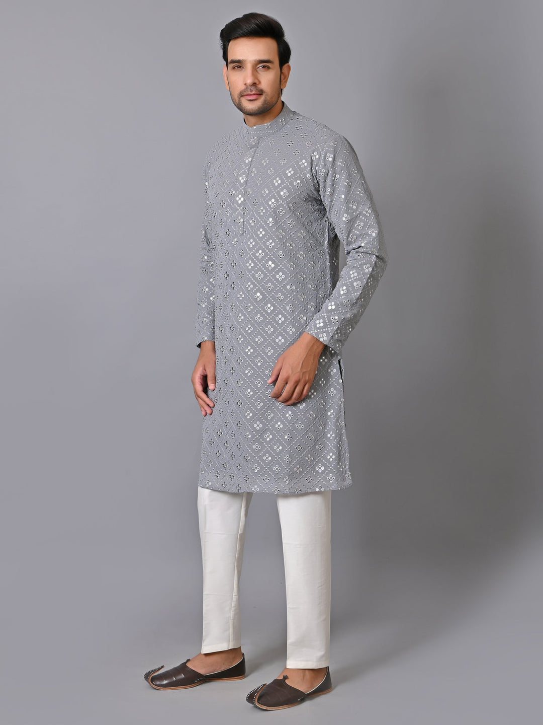 Woven Design Grey Kurta Set