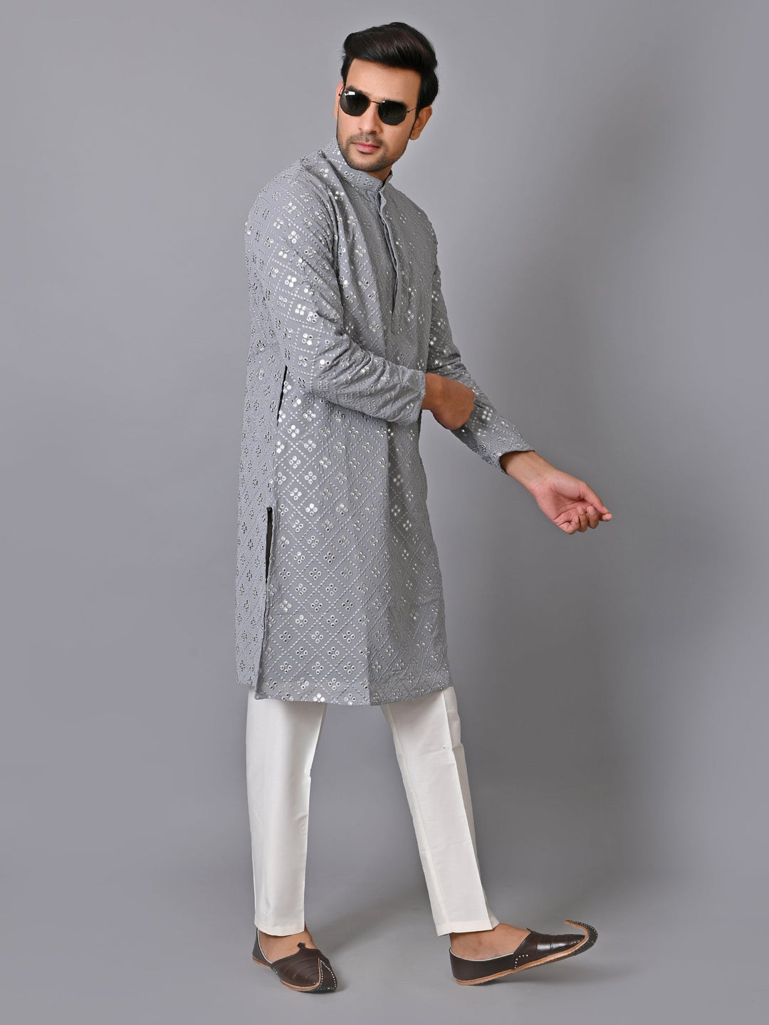 Woven Design Grey Kurta Set