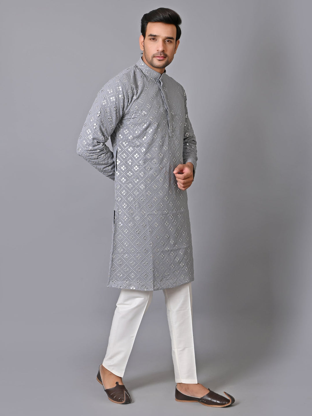 Woven Design Grey Kurta Set