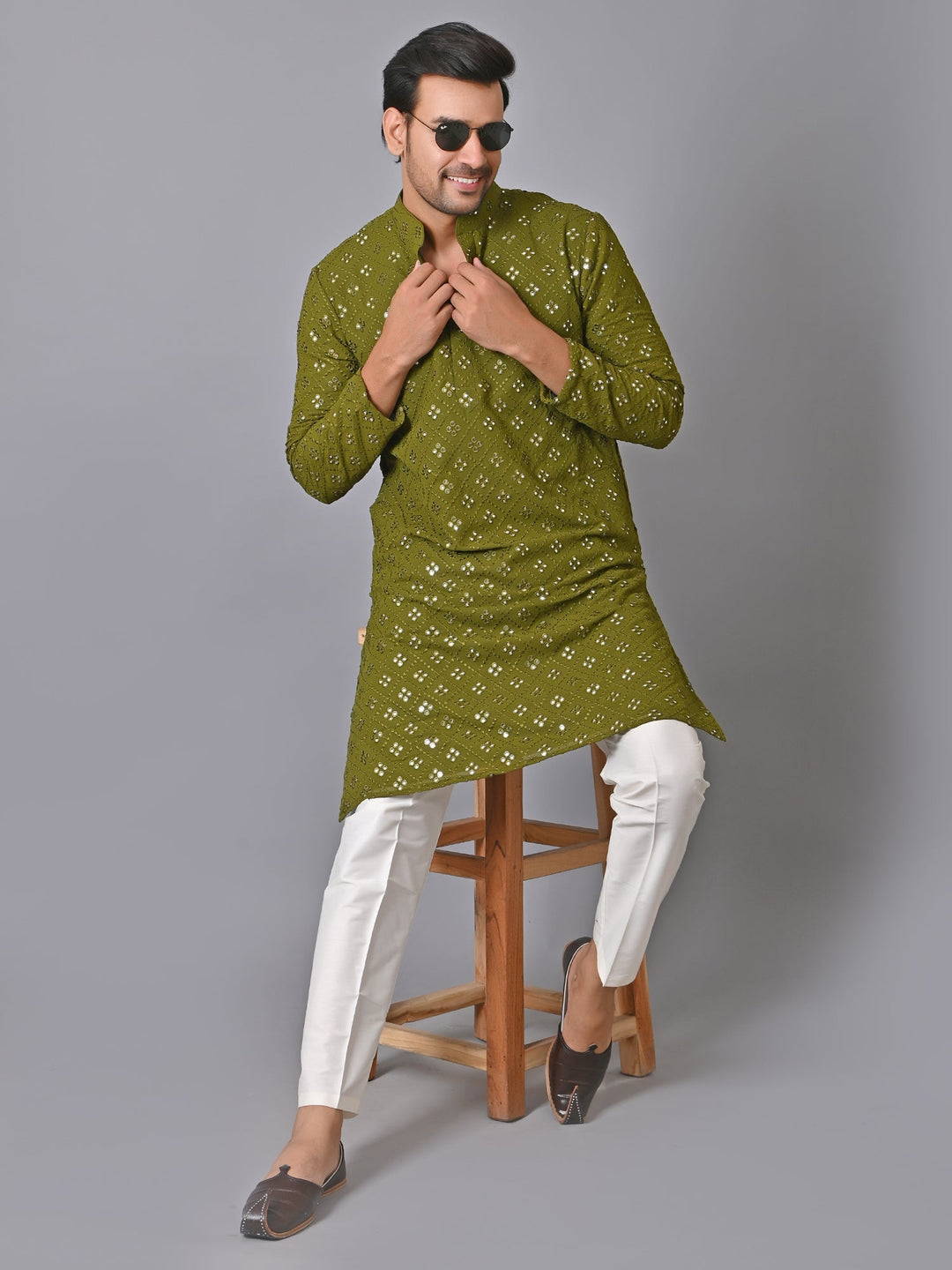 Woven Design Green Kurta Set