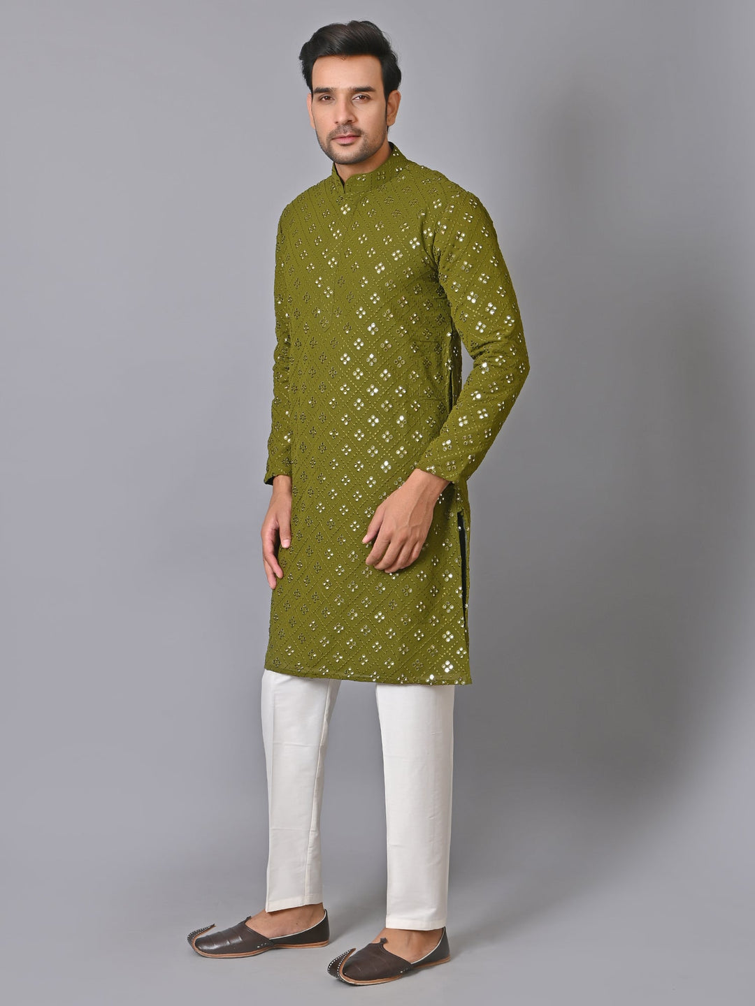 Woven Design Green Kurta Set