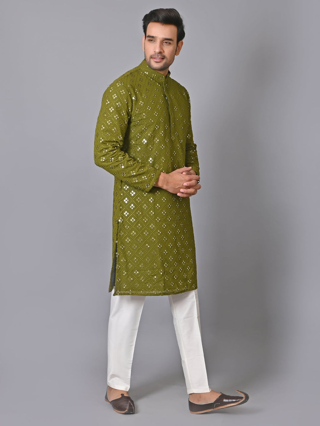 Woven Design Green Kurta Set