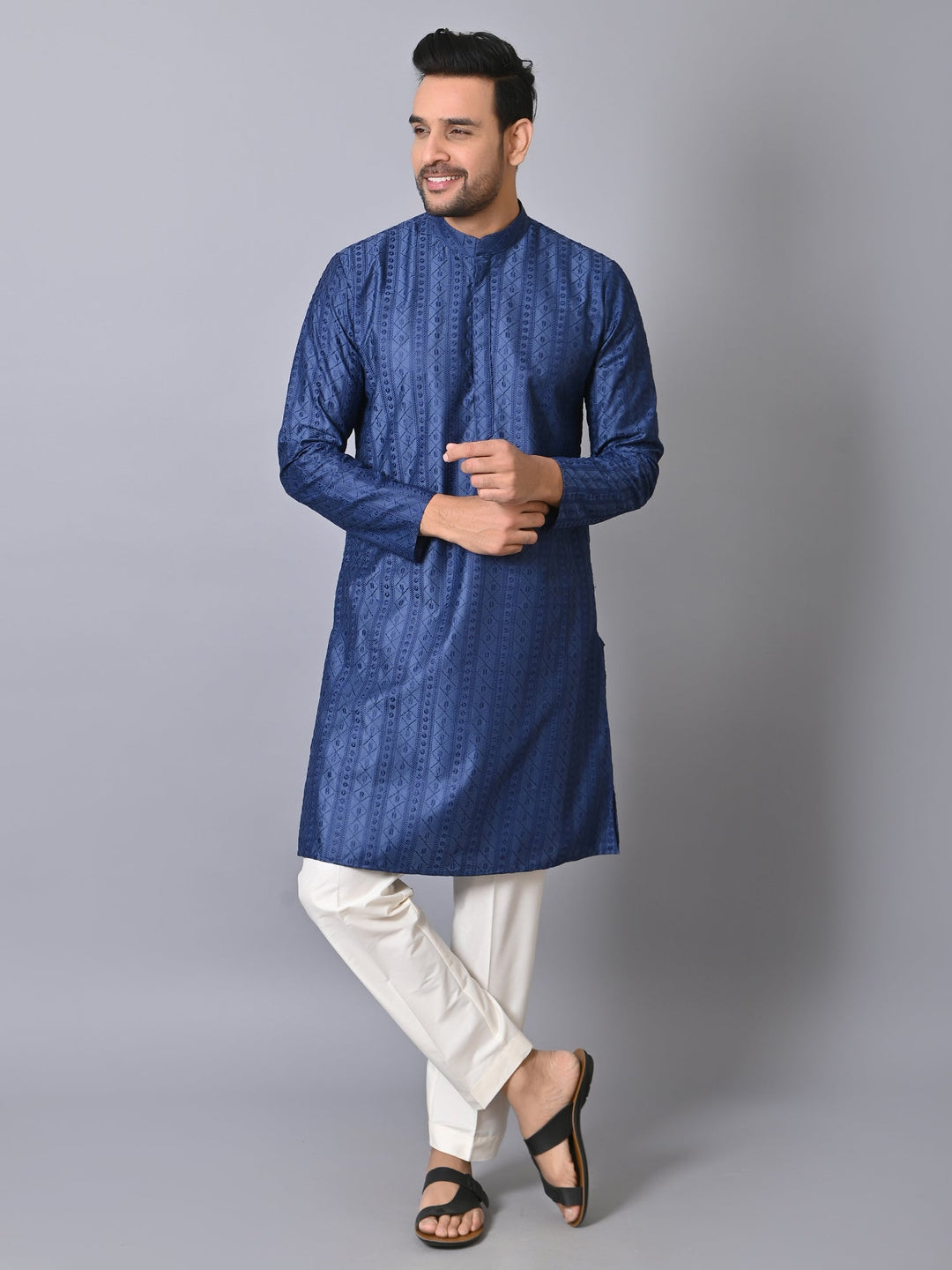 Chikan Navy Blue Kurta Set