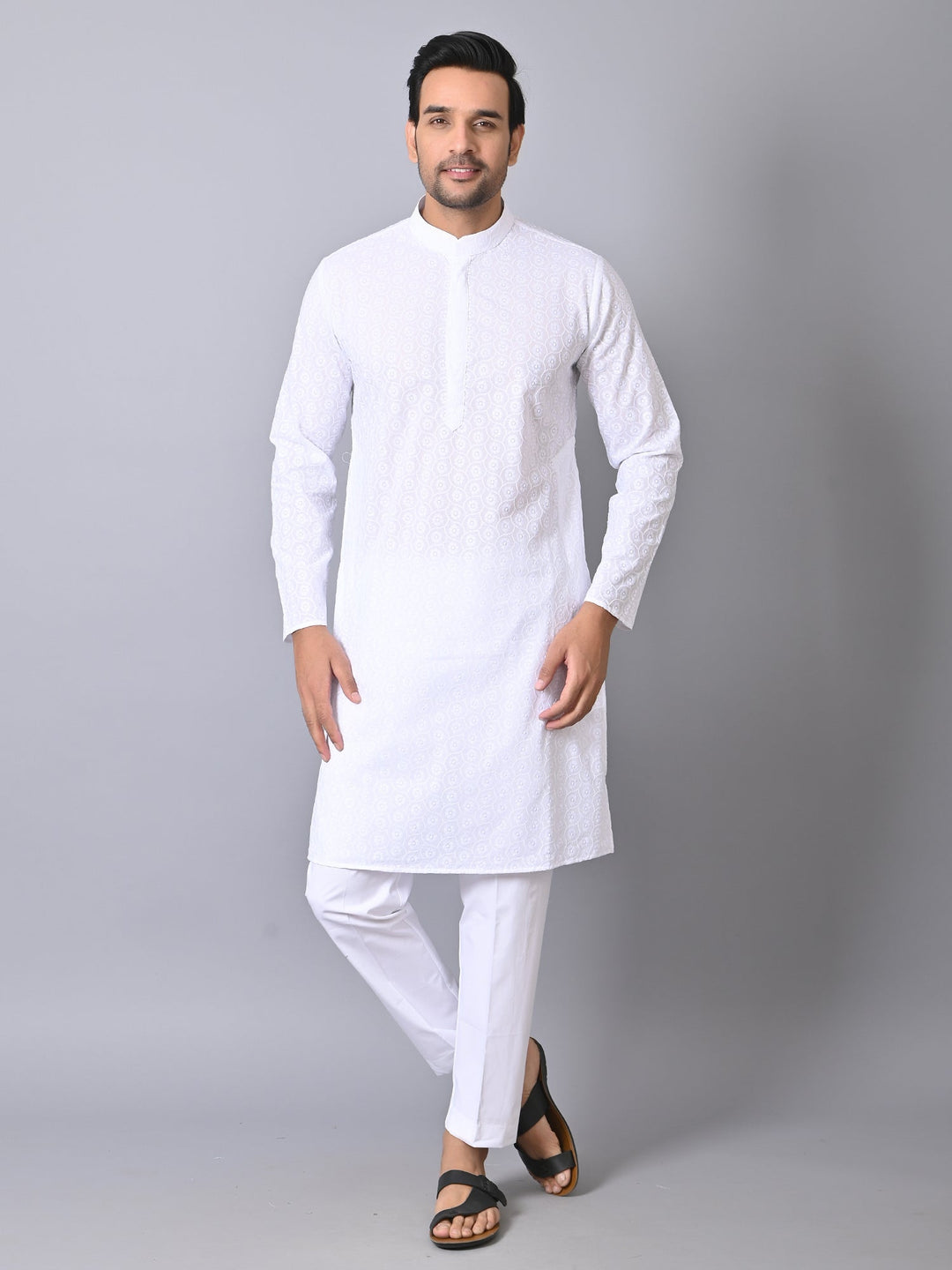 Woven Design White Kurta Set