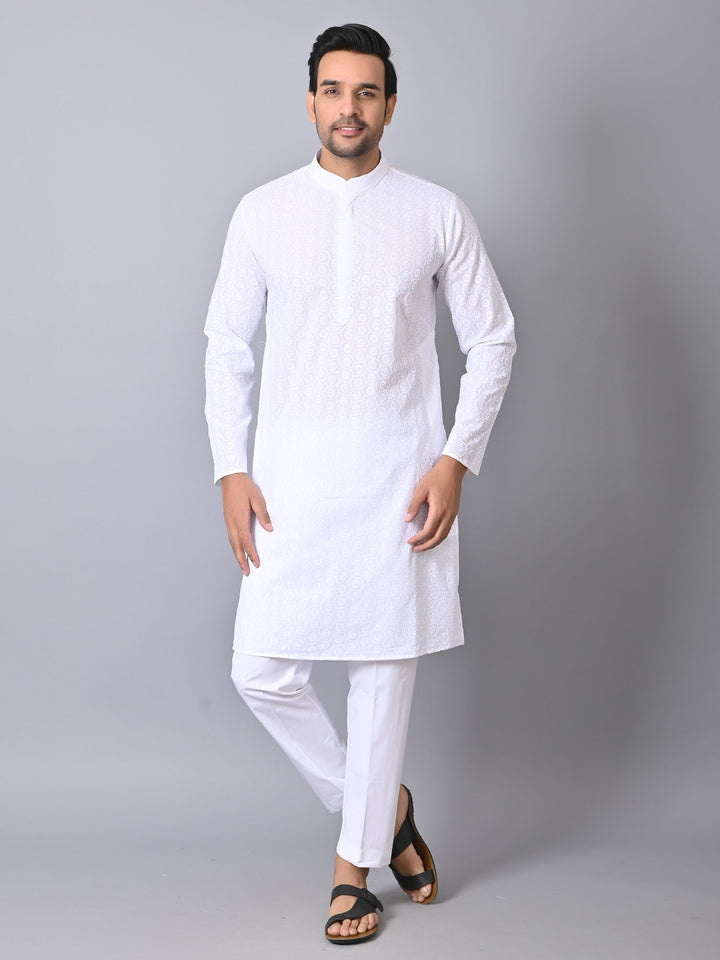 Woven Design White Kurta Set