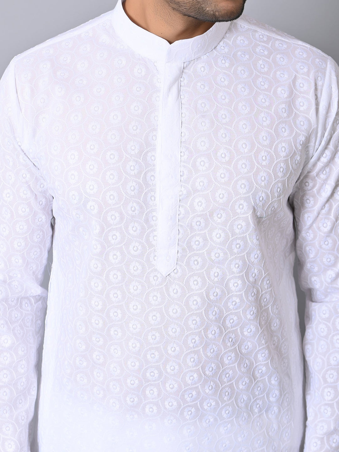 Woven Design White Kurta Set