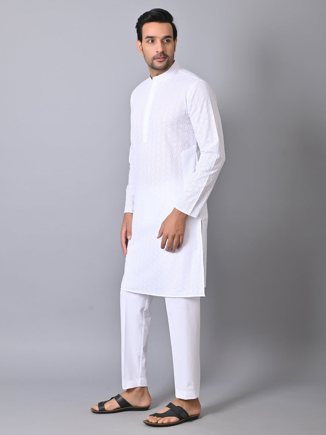 Woven Design White Kurta Set