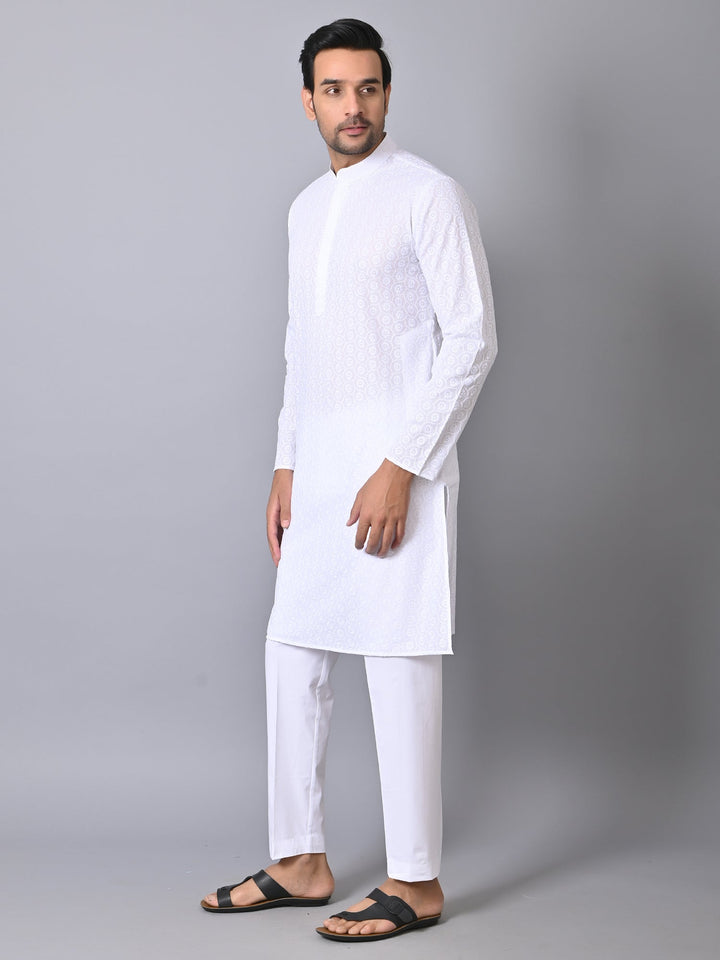 Woven Design White Kurta Set