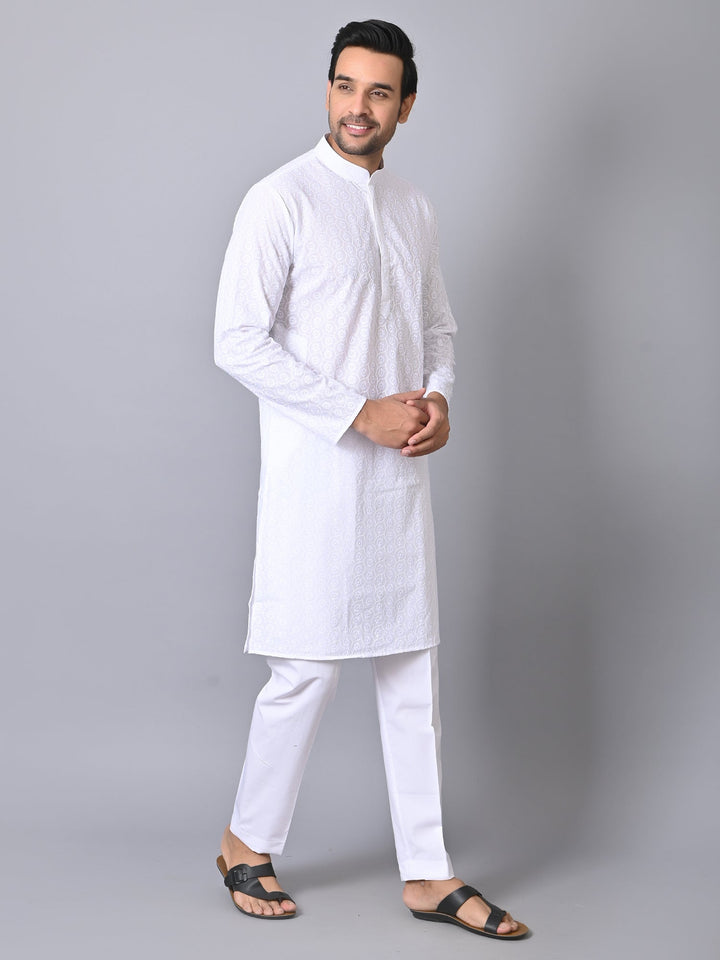 Woven Design White Kurta Set