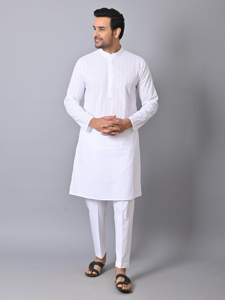 Woven Design White Kurta Set