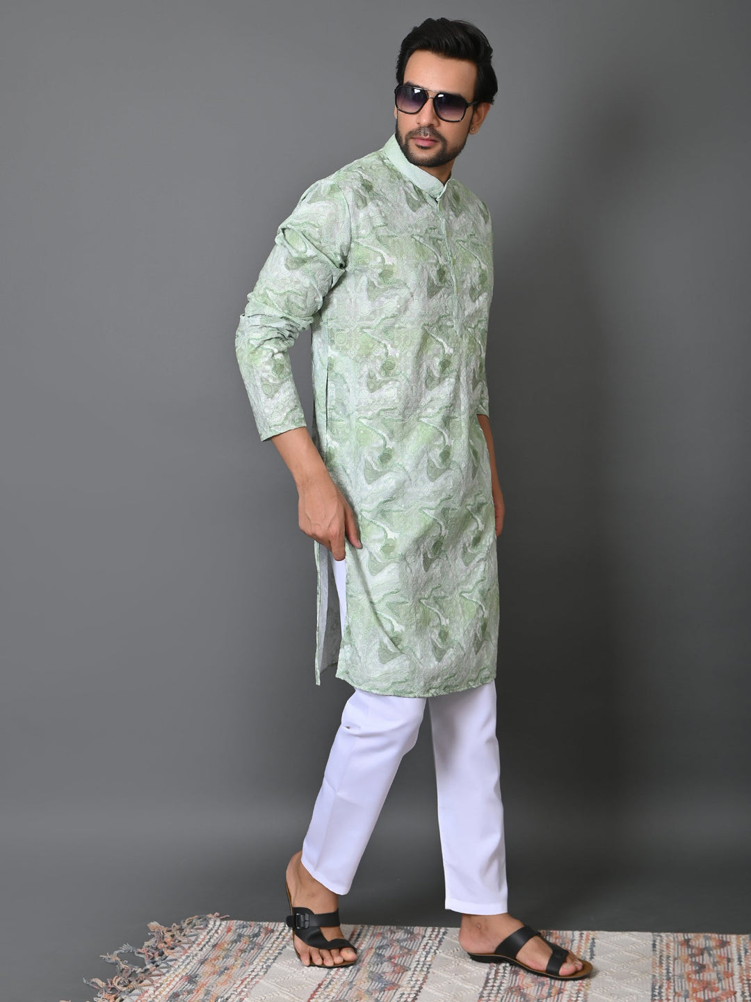 Woven Design Green Kurta Set