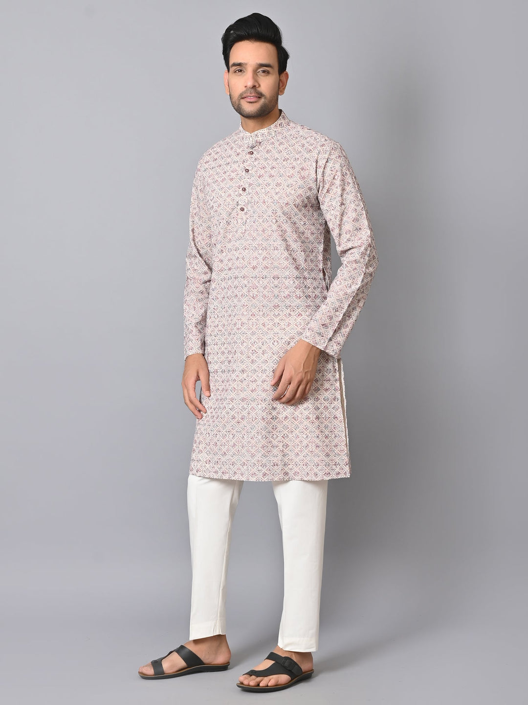 Embroidered Off White Kurta Set