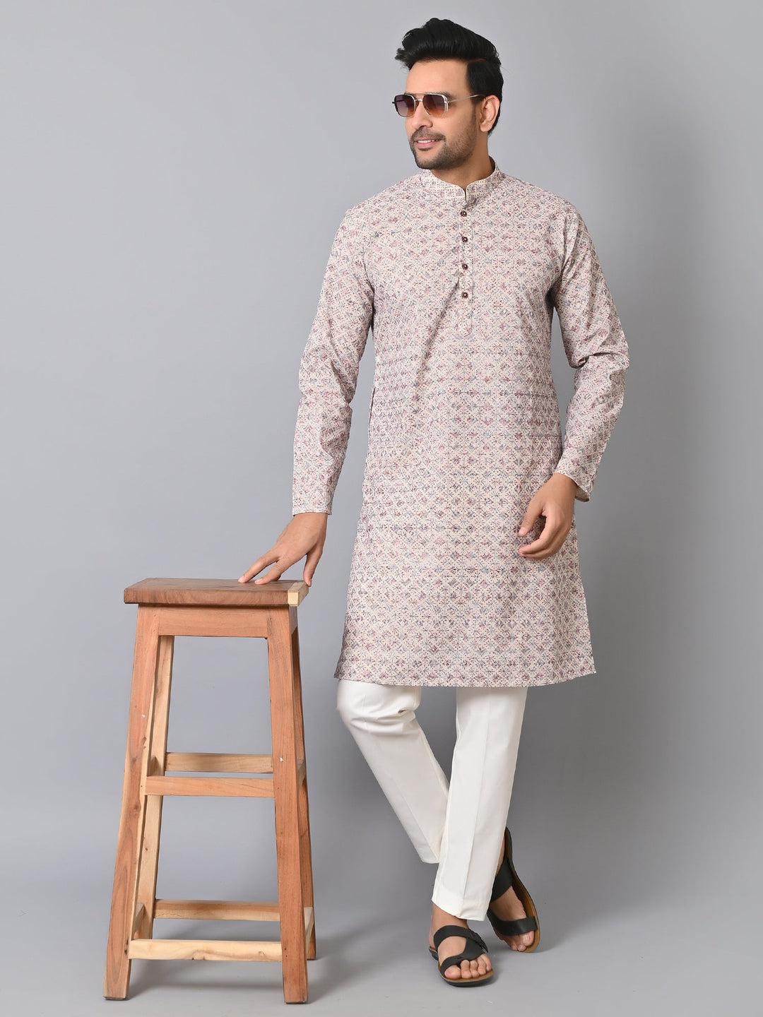 Embroidered Off White Kurta Set