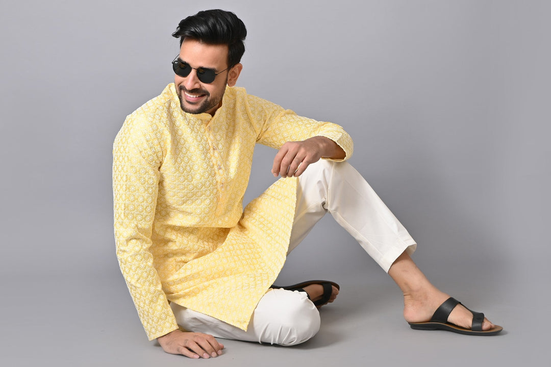 Chikan Yellow Kurta Set