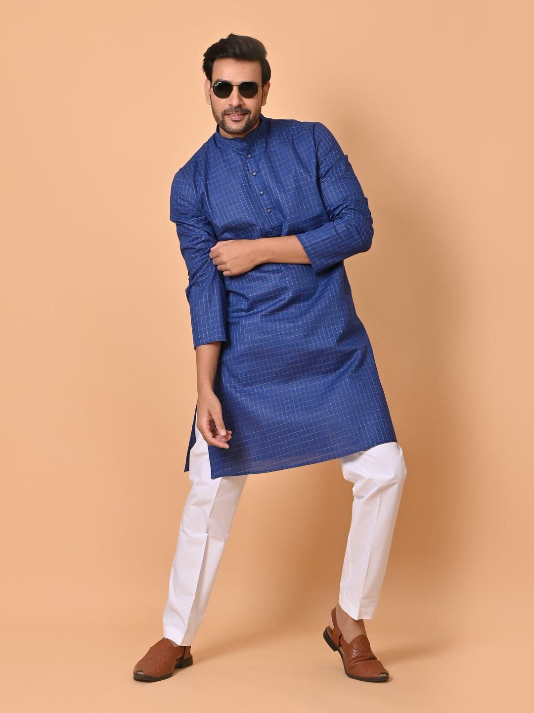 Checked Navy Blue Kurta Set