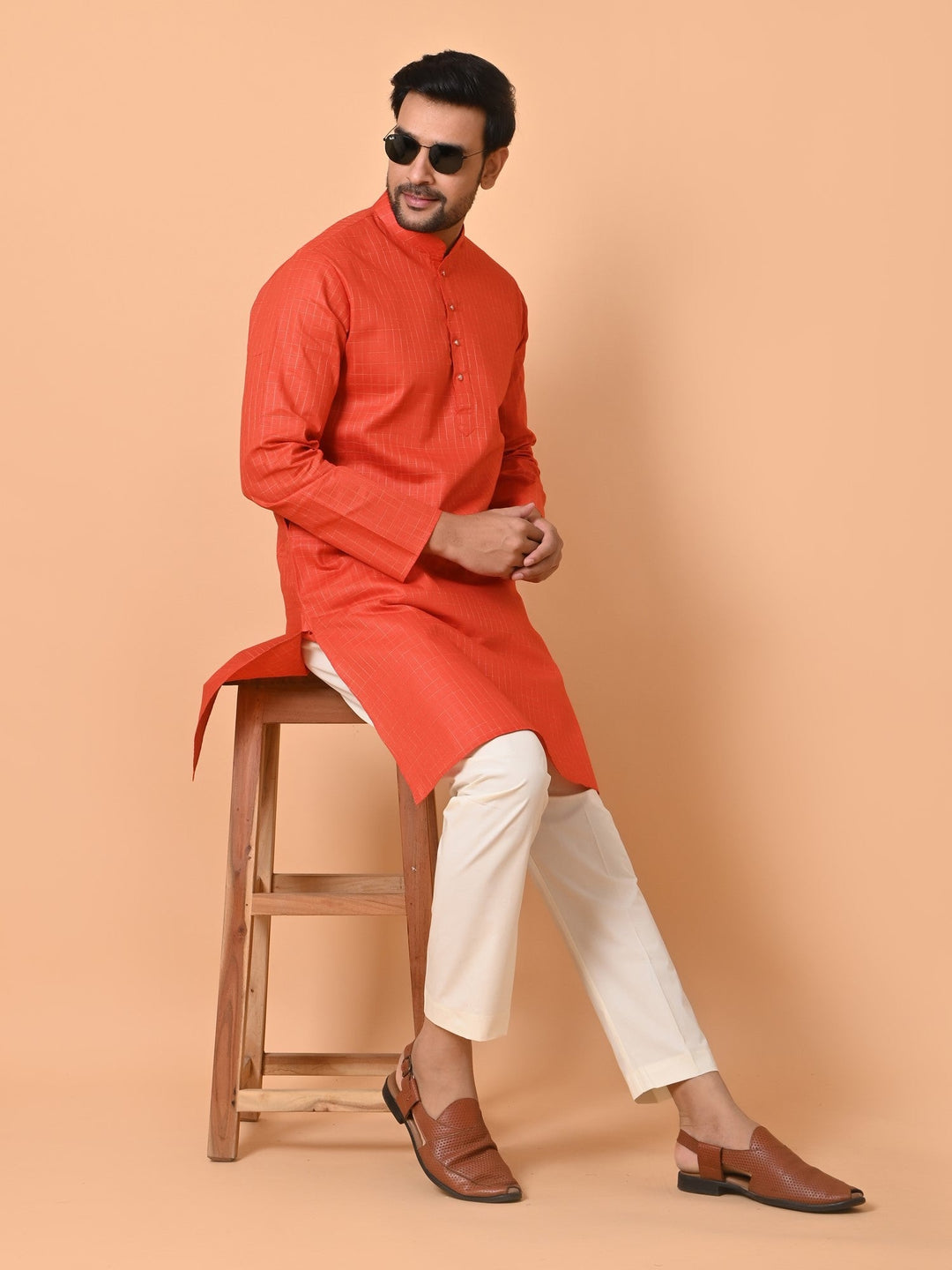 Checked Orange Kurta Set