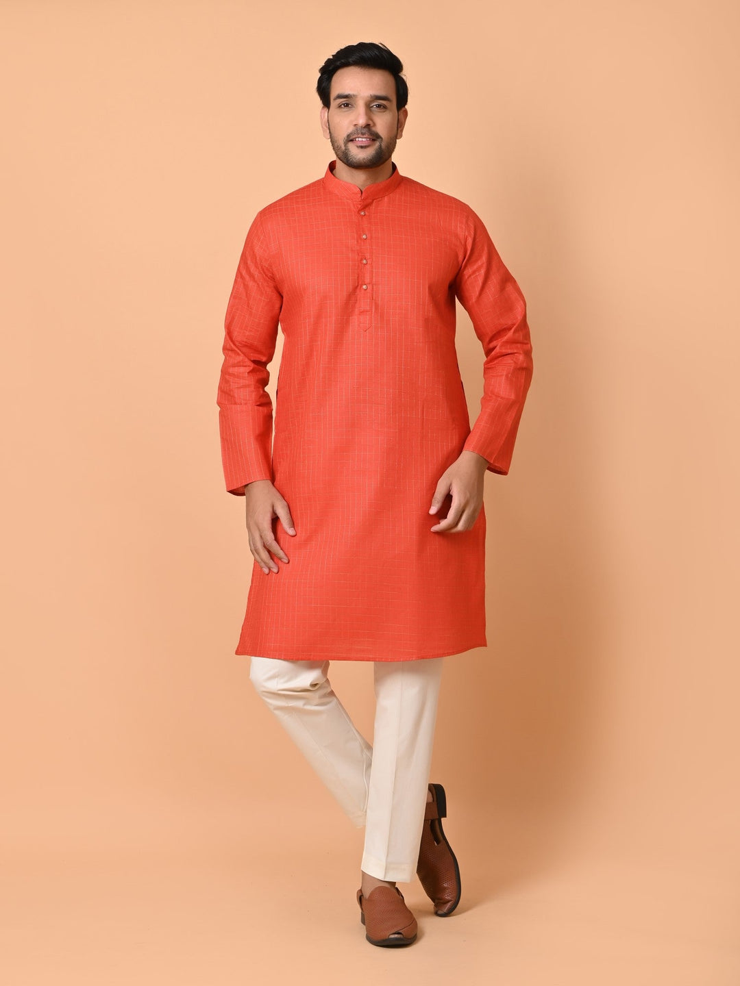 Checked Orange Kurta Set