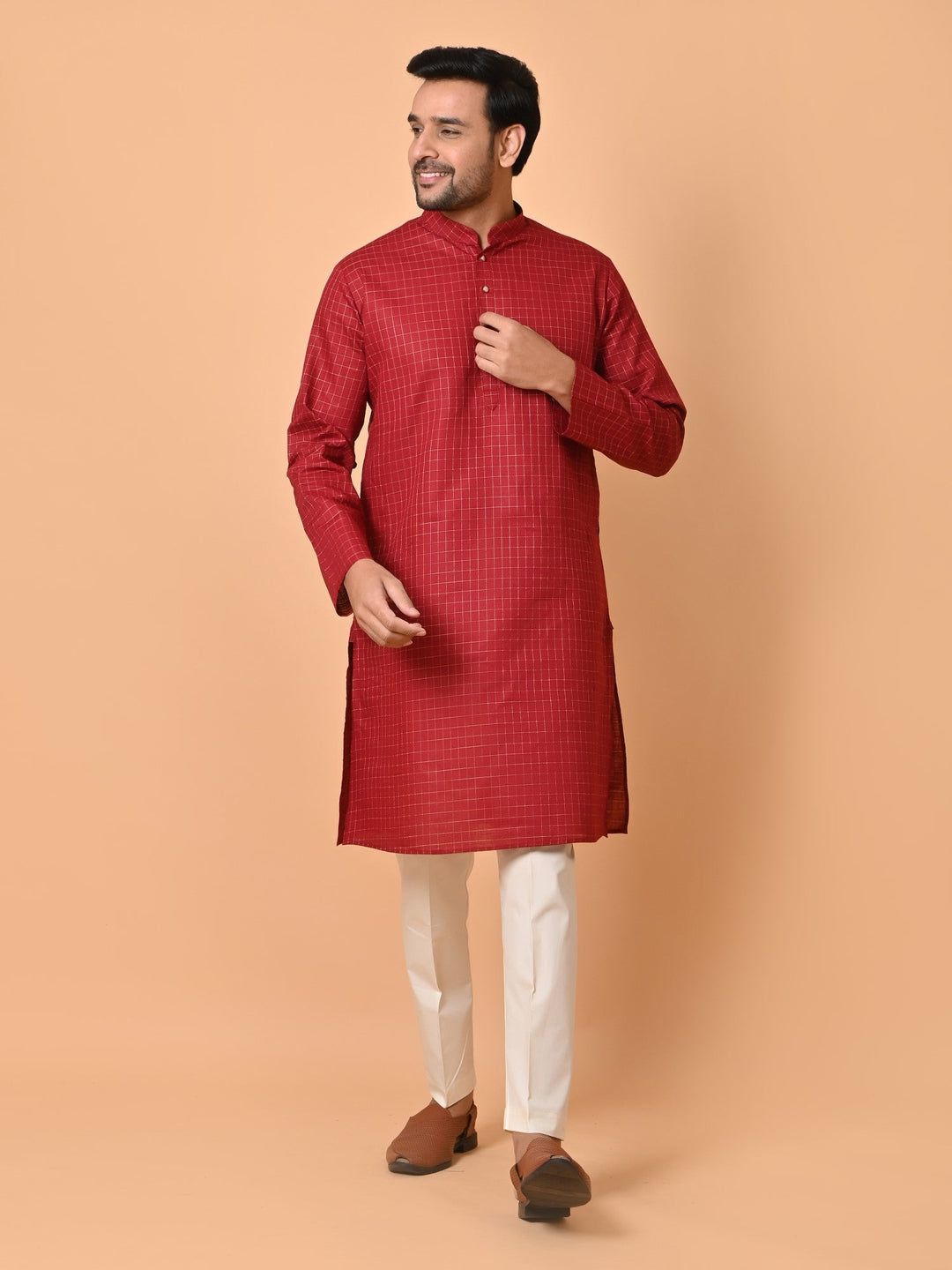 Checked Maroon Kurta Set