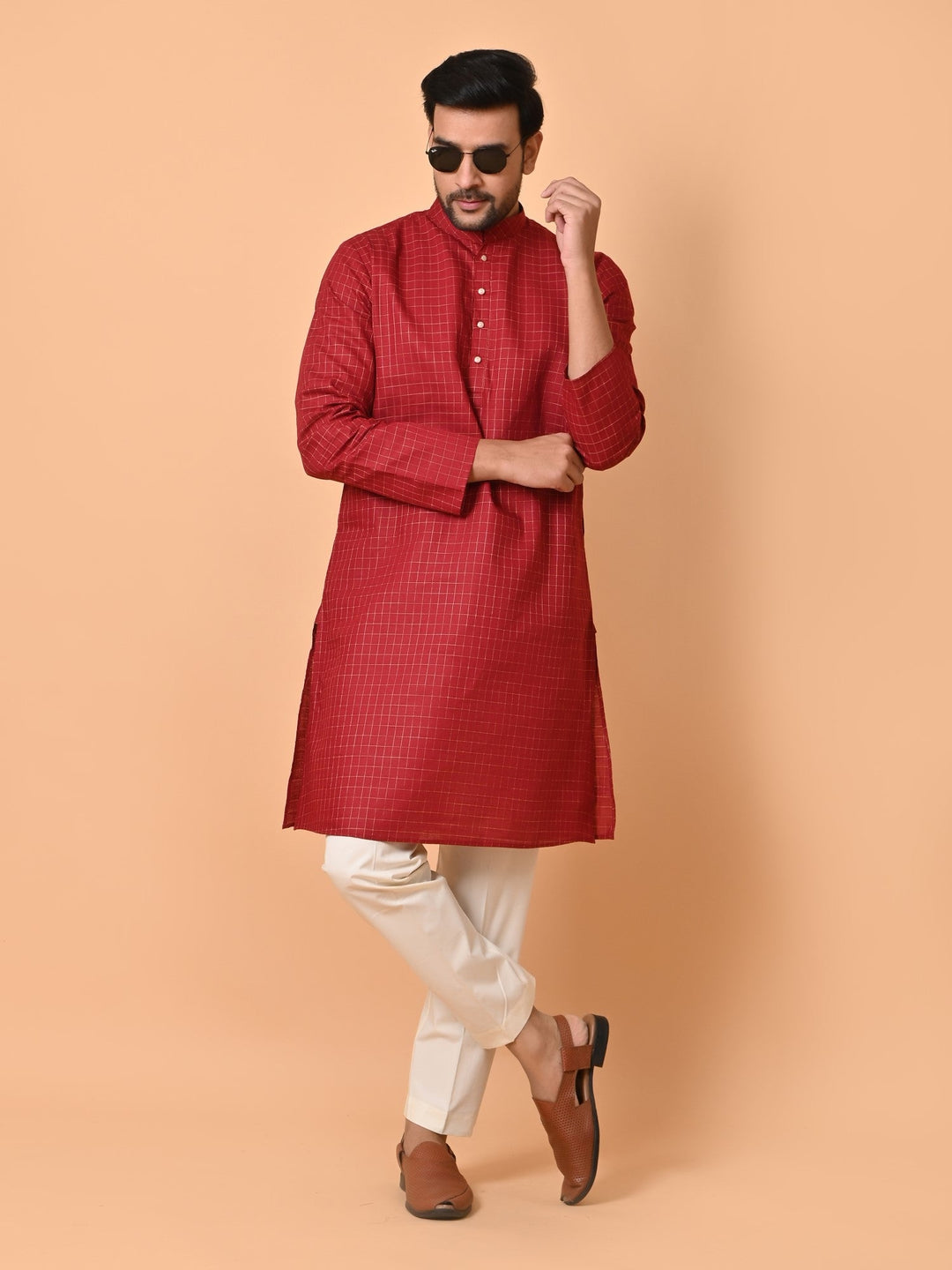 Checked Maroon Kurta Set