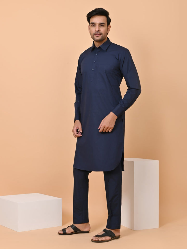 Solid Navy Blue Pathani Set