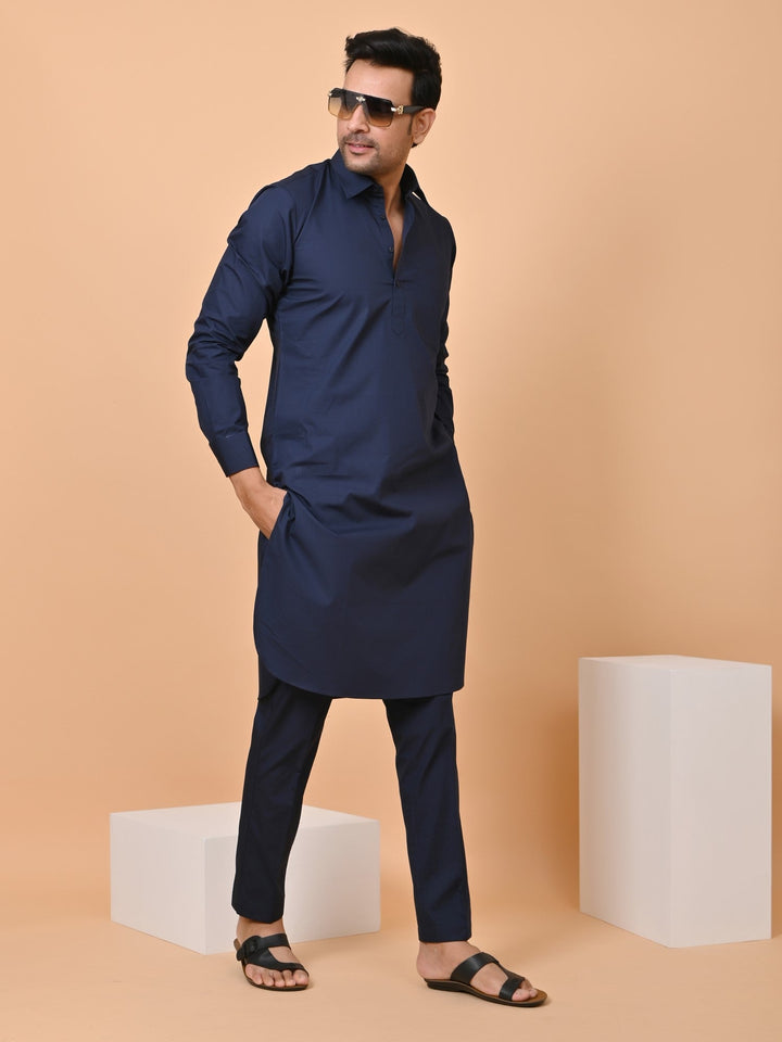 Solid Navy Blue Pathani Set