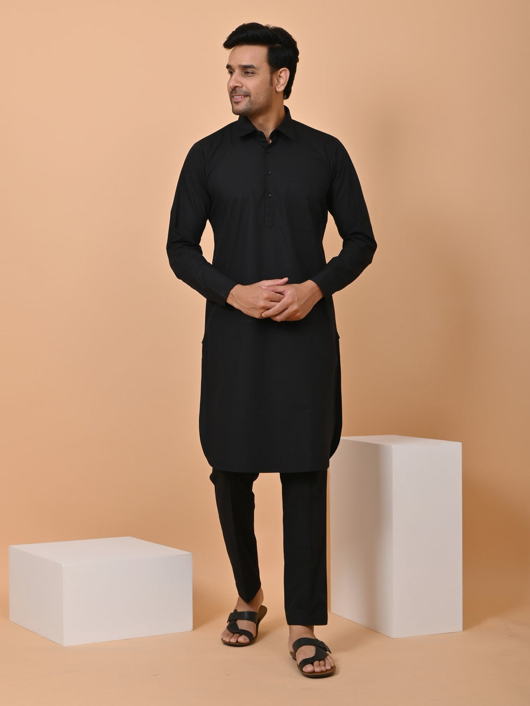 Solid Black Pathani Set