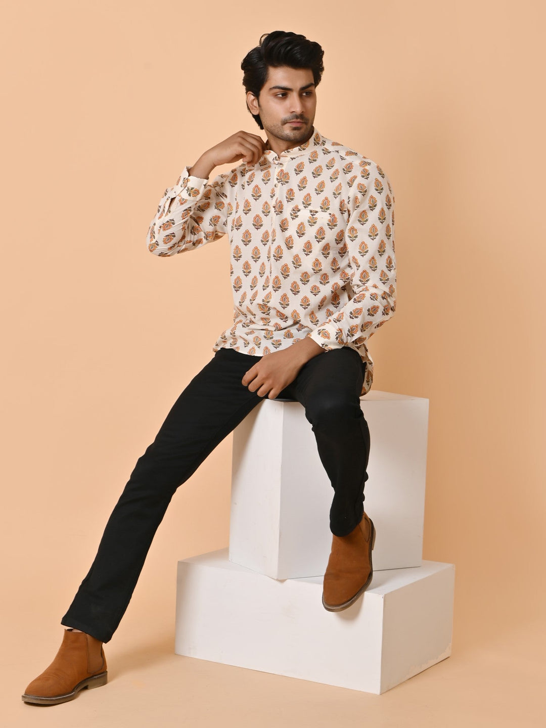 Floral Cream Short Kurta