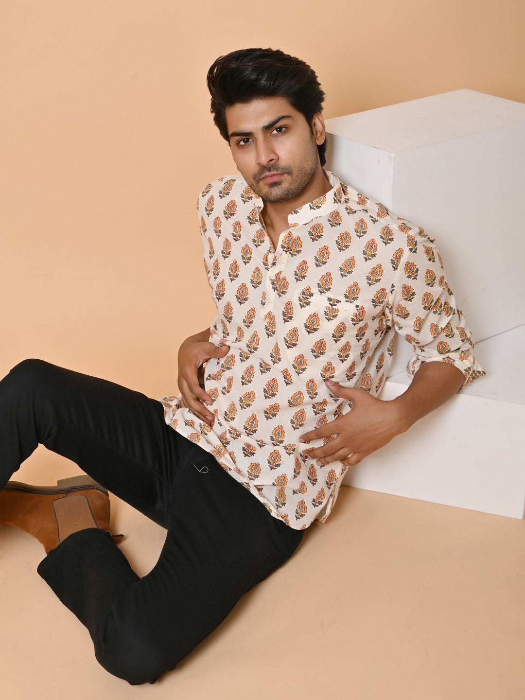 Floral Cream Short Kurta