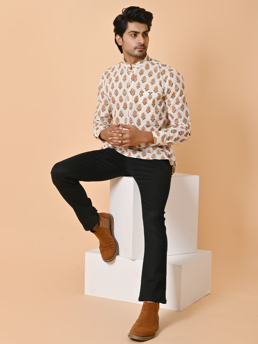 Floral Cream Short Kurta