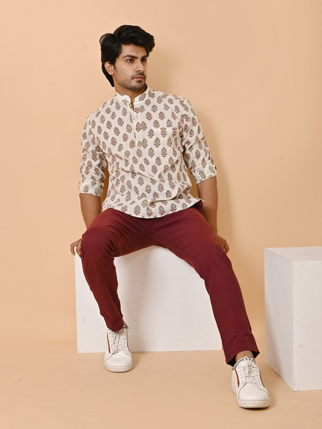 Floral Cream Short Kurta